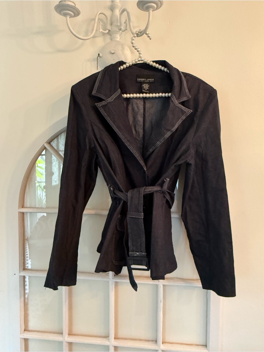 Robert Louis Dark Blue Denim Chambray Blazer Jacket Contrast Stitch Belted XL